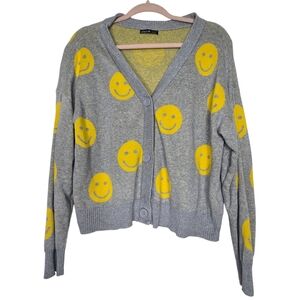 Nikka K gray cardigan with a yellow smiley face pattern and a v-neck